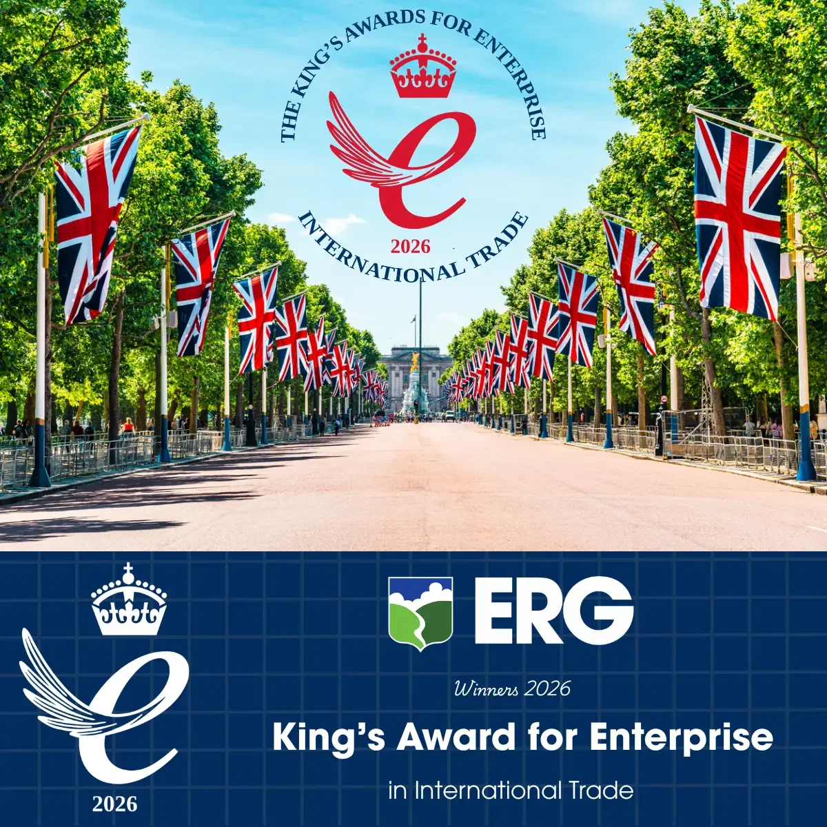 ERG's King's Award for Enterprise 2026 announcement, with the award emblem over The Mall