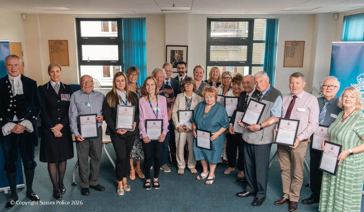 Volunteers from Southwater Community Police Office with their certificates at the 30th anniversary awards on 18 September, with the High Sheriff of West Sussex (left) and Assistant Chief Constable Rosie Ross.